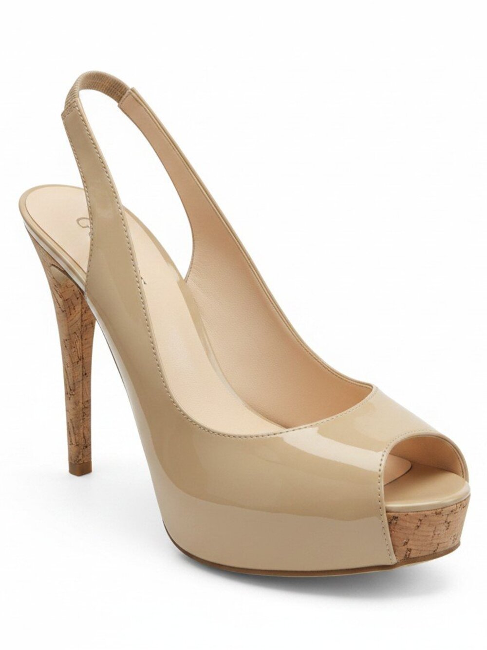 Guess Nude Patent Cork Platform Peep-Toe Heels, Size 8